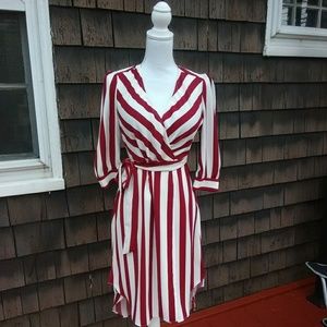 Red burgundy white striped high low wrap dress